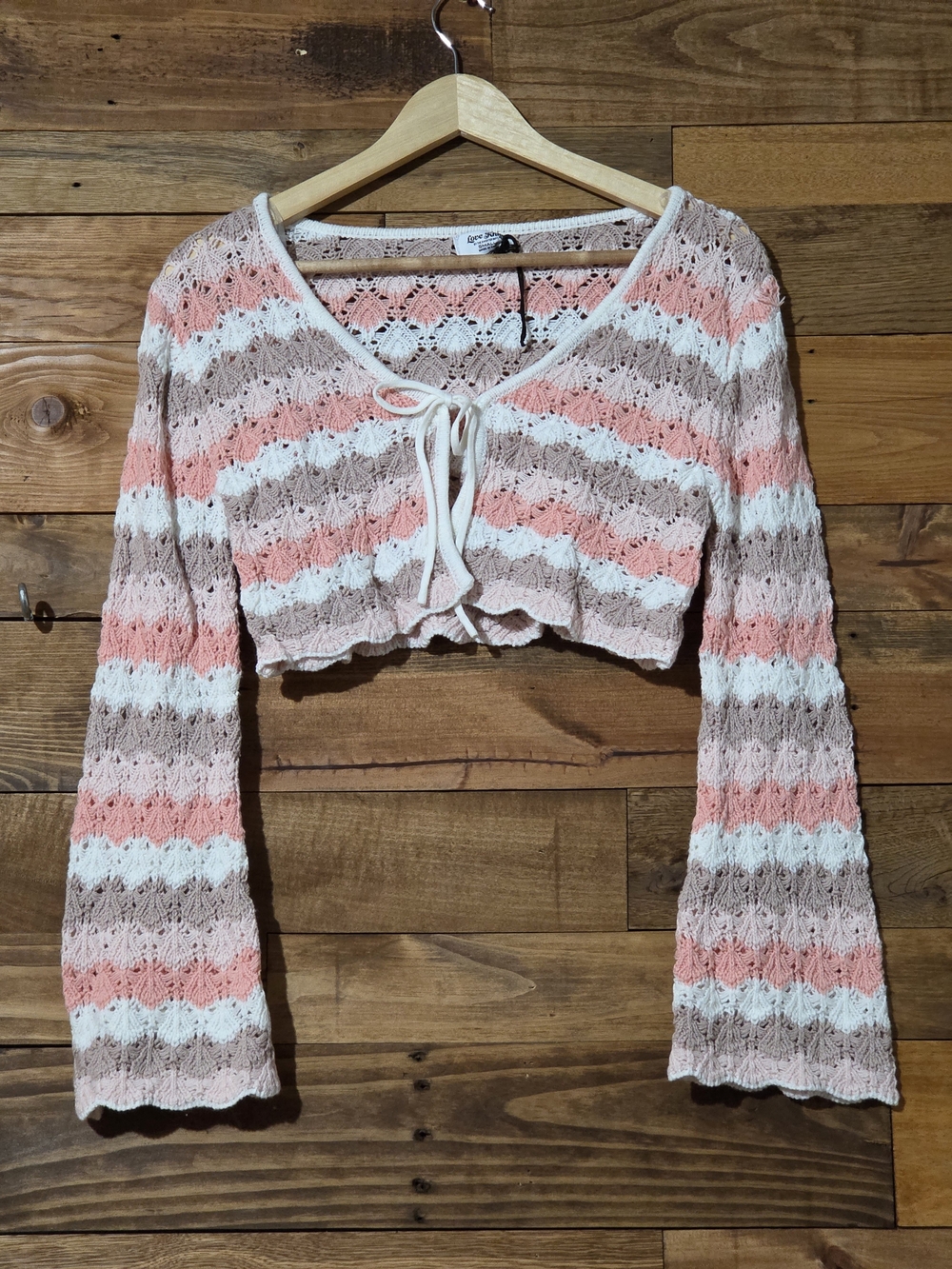 Love Knit Women's Small Coquette Y2K Crochet Knit Shrug Bolero Tie Front Cropped